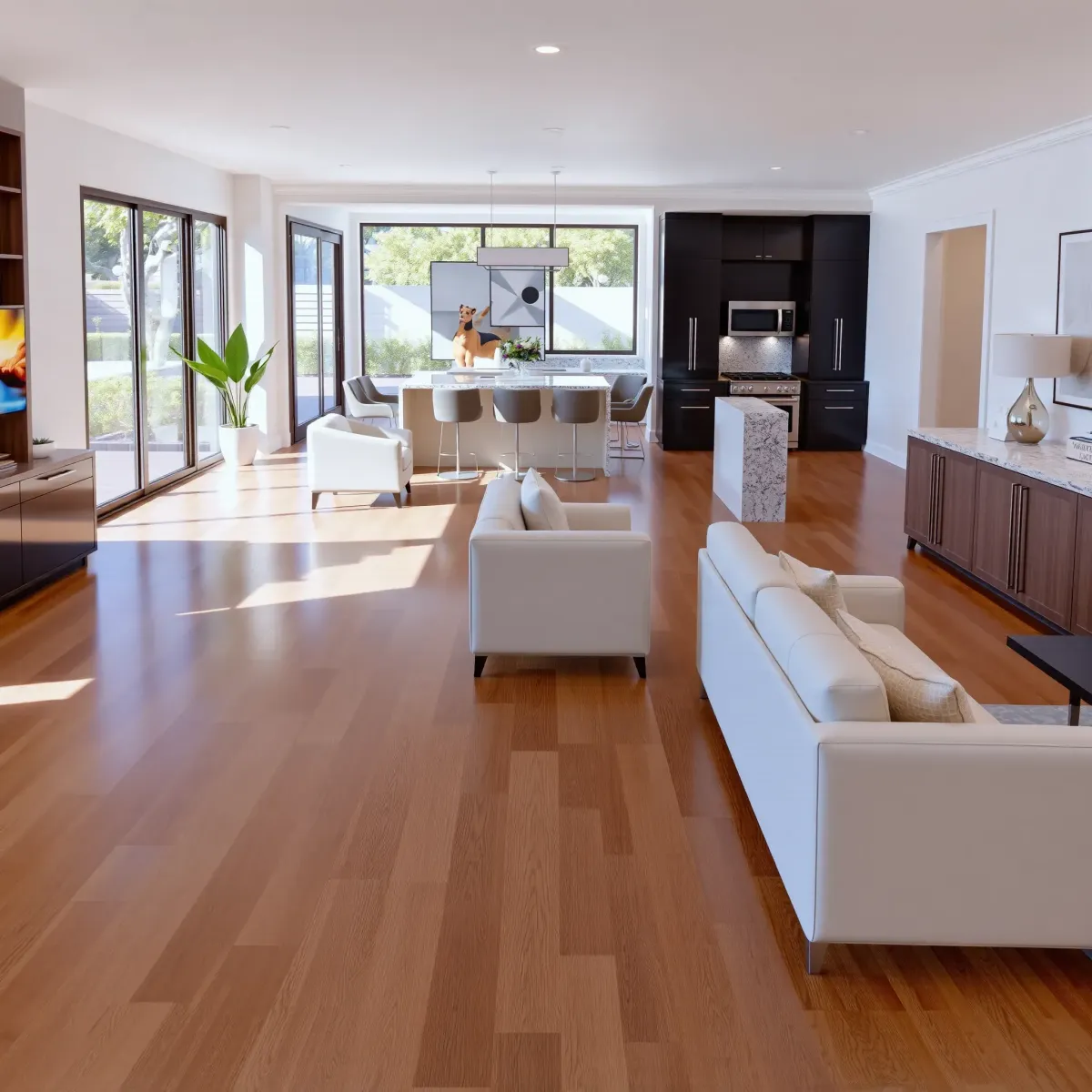 Modern North Tustin backyard with new pool, cedar deck, outdoor kitchen, landscaped lawn, and updated outdoor living spaces.
