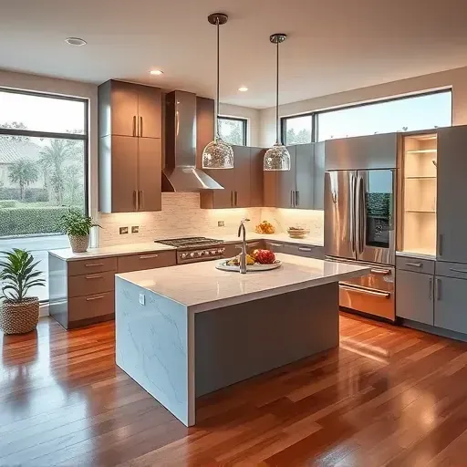 Modern kitchen remodel in Mission Viejo, showcasing sleek cabinetry, quartz island, stainless appliances, and warm lighting.