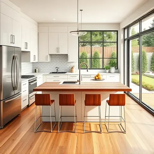Newly remodeled kitchen in Lacy CA with modern cabinetry, quartz countertops, stainless steel appliances, and hardwood flooring.