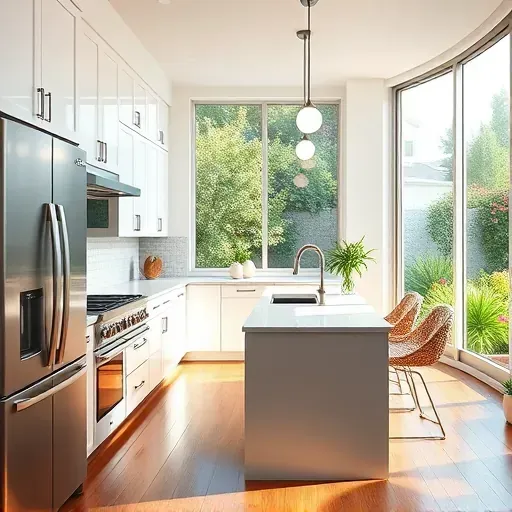 Renovated East Garden Grove kitchen with sleek cabinets stainless steel appliances quartz countertops and garden view