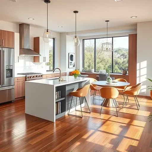 Modern kitchen remodel in El Camino Real CA featuring quartz countertops, custom cabinetry, and stylish dining area.
