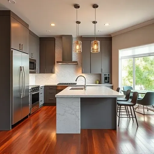 Modern Windsor Village kitchen with matte cabinets stainless appliances marble island hardwood floors natural light
