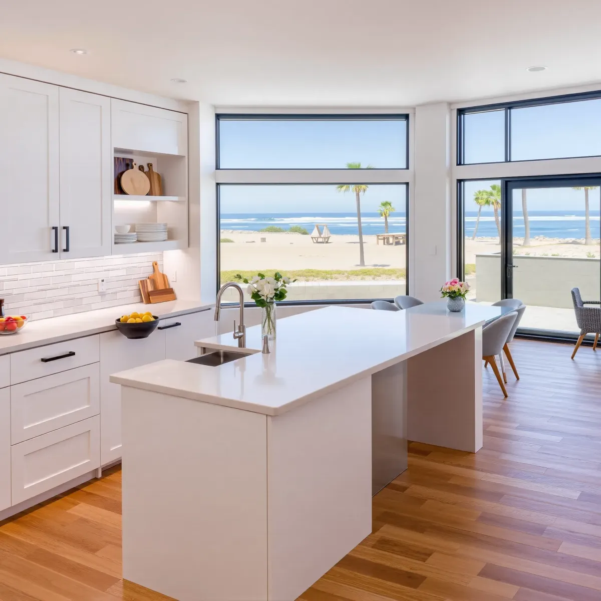 Modern Laguna Beach kitchen with matte cabinets, stainless steel appliances, marble island, ocean view, and stylish decor.
