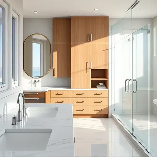 Modern Los Angeles bathroom with sleek matte cabinets, marble countertop, glass shower, and chrome fixtures showcasing luxury design