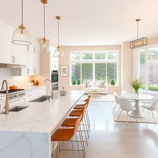 Modern remodeled kitchen in Lacy CA with high-end appliances, elegant cabinetry, spacious island, and bright natural lighting.