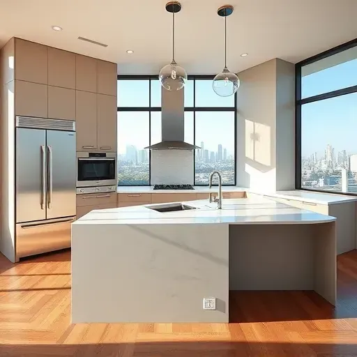 Recently remodeled kitchen in Los Angeles with modern cabinetry, marble island, stainless appliances, and skyline views.