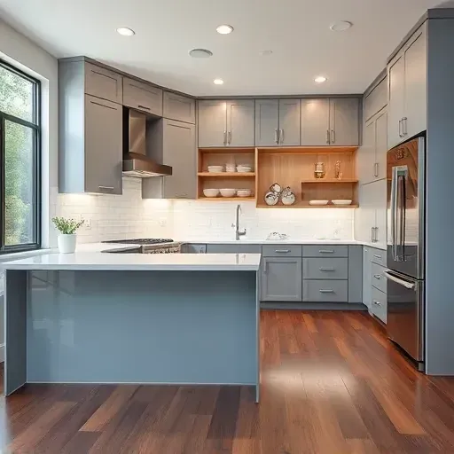 Modern kitchen remodel in Irvine CA featuring sleek gray cabinetry, quartz island, and elegant open pantry design.