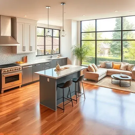 Modern kitchen and living space remodel in Rancho Santa Margarita with sleek appliances, granite countertops, and earthy tones.