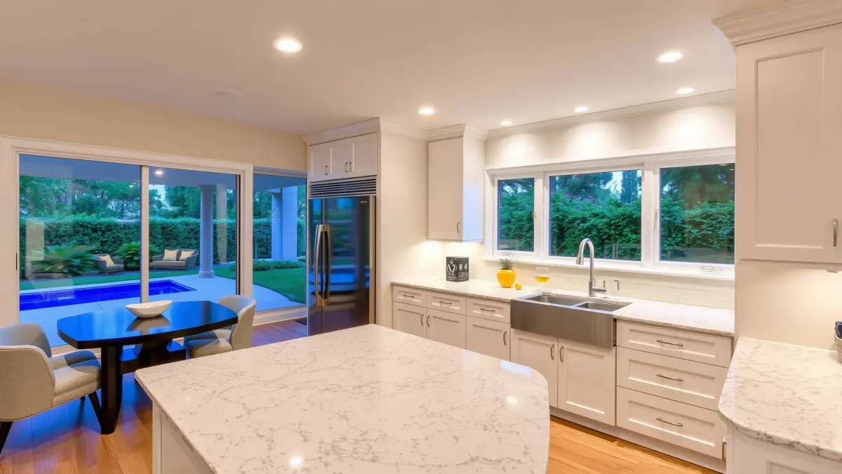 Bright renovated Westminster, CA kitchen with warm wood cabinets, marble island, stainless steel appliances, and open layout.