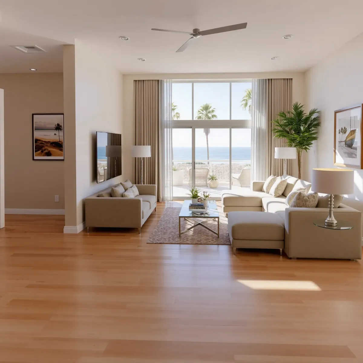 Beautiful renovated Huntington Beach home with pastel colors, lush yard, modern design, and warm sunset lighting.