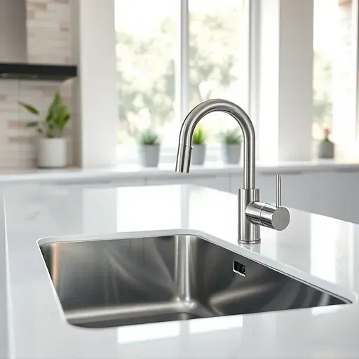 Modern stainless steel sink with faucet in bright Los Angeles contemporary kitchen with greenery and polished surfaces