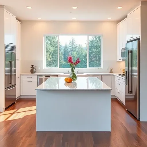 Modern kitchen remodel in Lacy, CA featuring sleek cabinetry, quartz countertops, and abundant natural light.