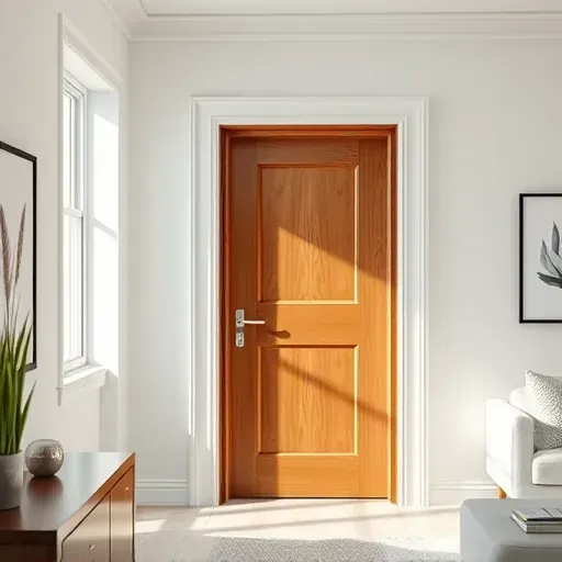 Modern LA home interior with a polished wooden interior door in a minimalist white wall illuminated by natural sunlight