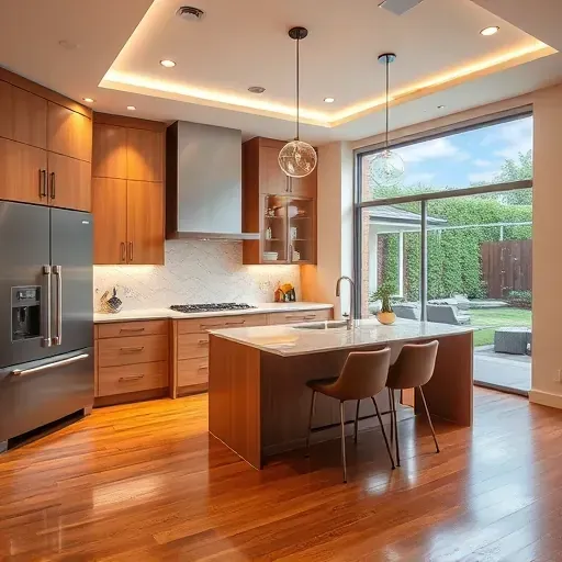 Modern kitchen remodel in Irvine CA showcasing marble countertops, custom cabinetry, and bright ambiance with elegant lighting.
