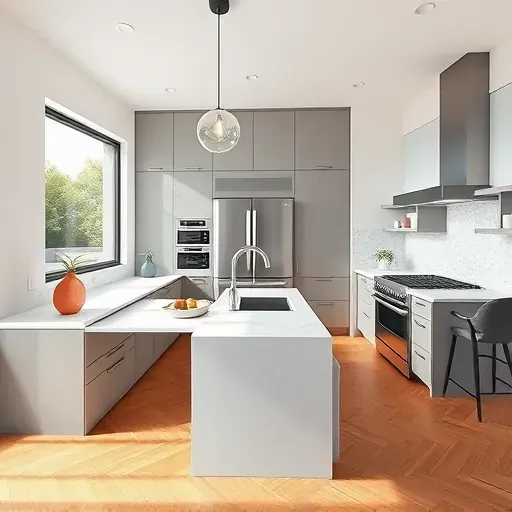 Modern remodeled Mid-City kitchen with marble countertops, custom cabinetry, stainless appliances, and natural lighting.