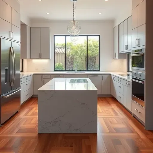 Remodeled Newport Coast kitchen with matte modern cabinets, marble countertops, stainless appliances, and garden view