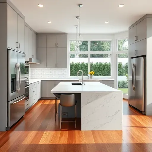 Renovated Riverview West CA kitchen with matte gray cabinets marble countertop stainless steel appliances and backyard view