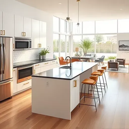Modern Costa Mesa kitchen with white matte cabinets, dark quartz island, stainless steel appliances, hardwood floors, and natural light