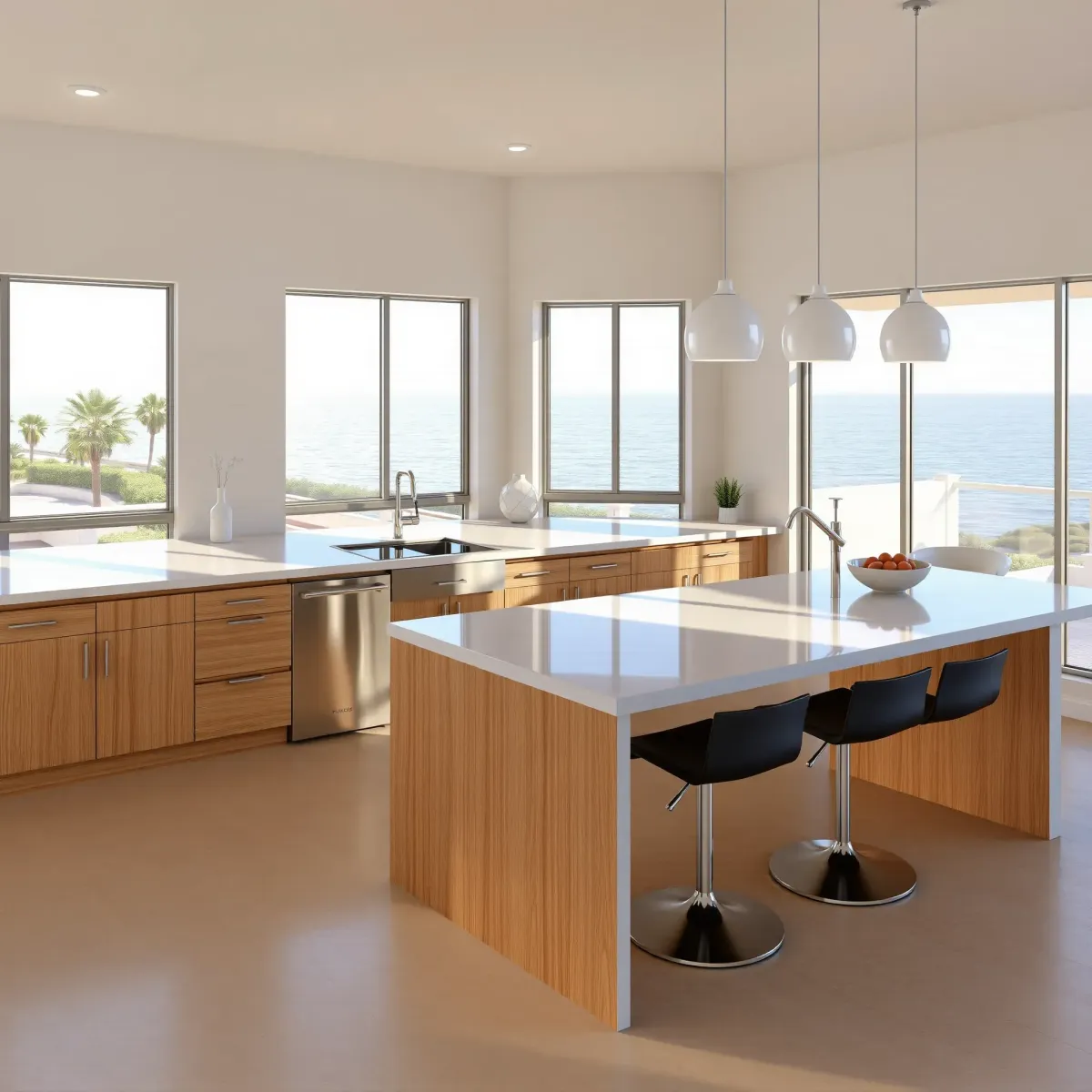 Modern Laguna Beach kitchen with wooden cabinets, stainless appliances, marble island, ocean views, and coastal decor.