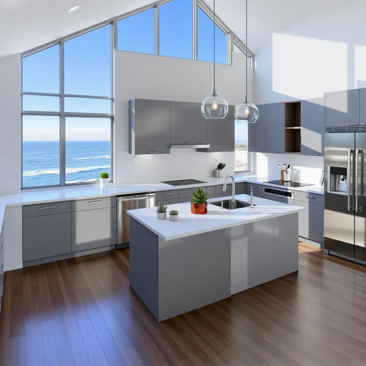 Renovated Laguna Niguel kitchen with warm wood cabinetry, quartz countertops, stainless appliances, and outdoor patio view.