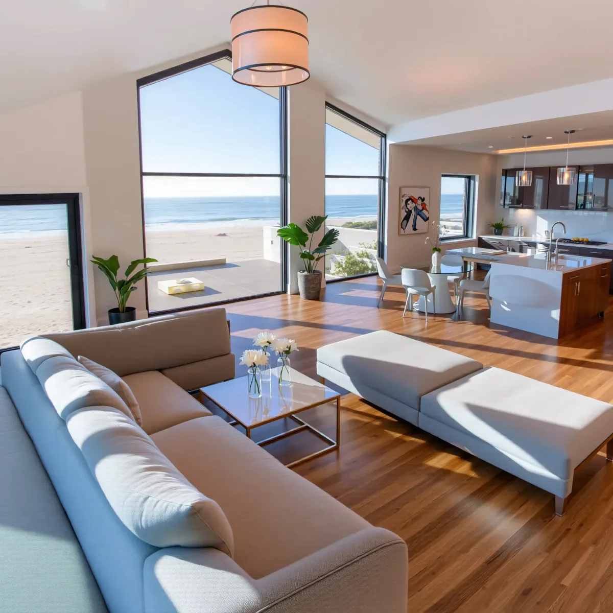 Beautiful renovated Newport Beach home with modern design, lush lawn, colorful flowers, and coastal ocean view.