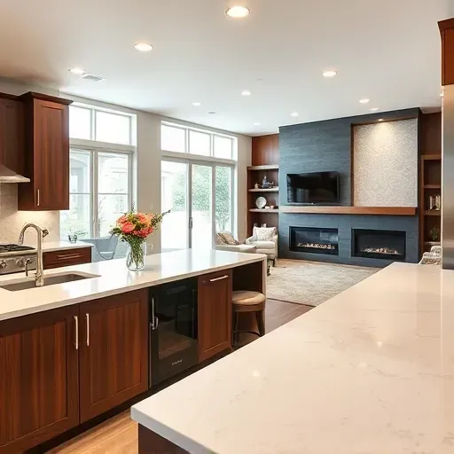 Modern Tustin kitchen remodel featuring sleek quartz countertops, dark wood cabinetry, and spacious layout with elegant decor.