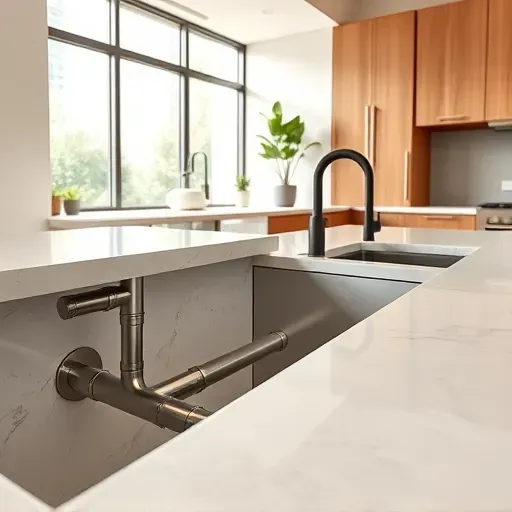 Detailed image of modern LA kitchen with sleek stainless steel plumbing, marble countertops, high-end cabinetry, and natural light