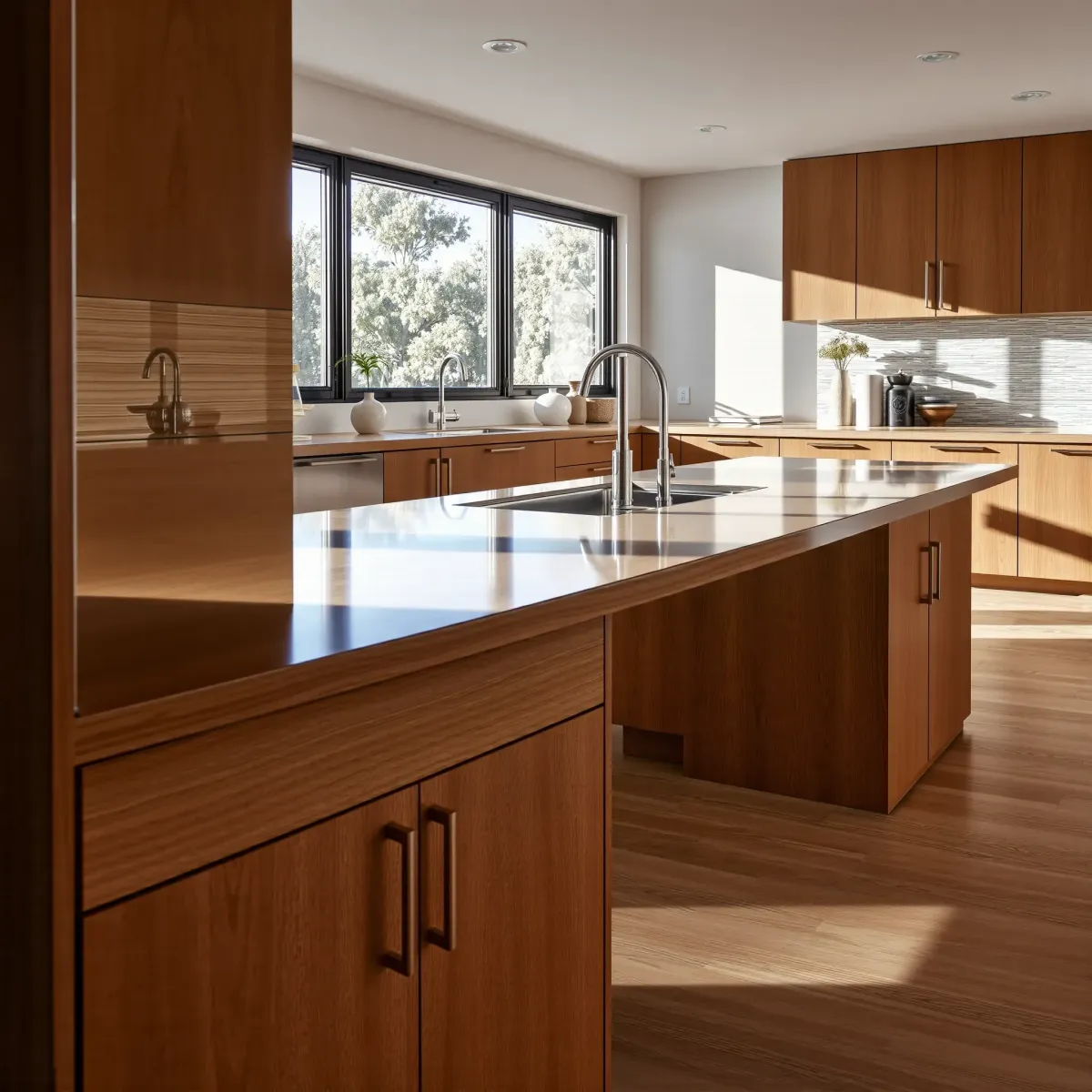 Elegant LA kitchen with polished wood cabinets, sleek hardware, modern design, and warm natural daylight.