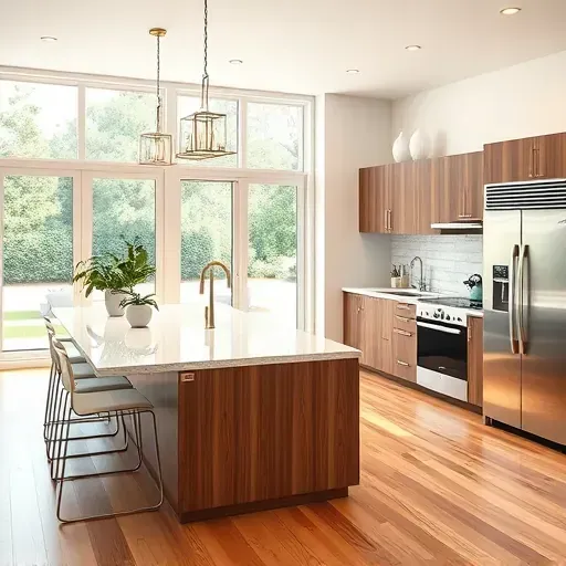 Modern Riverview West kitchen with sleek design, stainless appliances, marble island, rich wood cabinets, and natural lighting