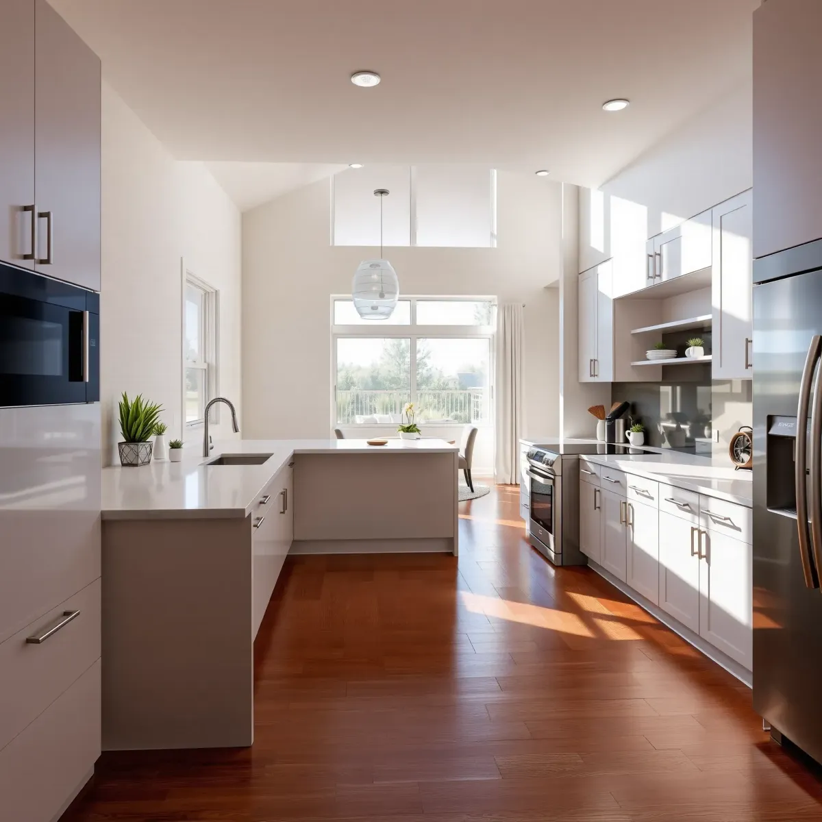 Renovated Riverview East kitchen with sleek matte cabinets, granite island, stainless appliances, hardwood floors, and landscaped backyard.