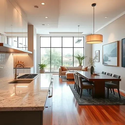Modern kitchen remodel in Westside CA with sleek appliances, granite countertops, and elegant open-concept living space.