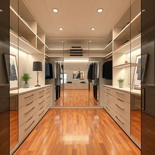 Luxurious Los Angeles walk-in closet with sleek high-gloss cabinetry, mirrored doors, ambient lighting, hardwood floors, and stylish decor