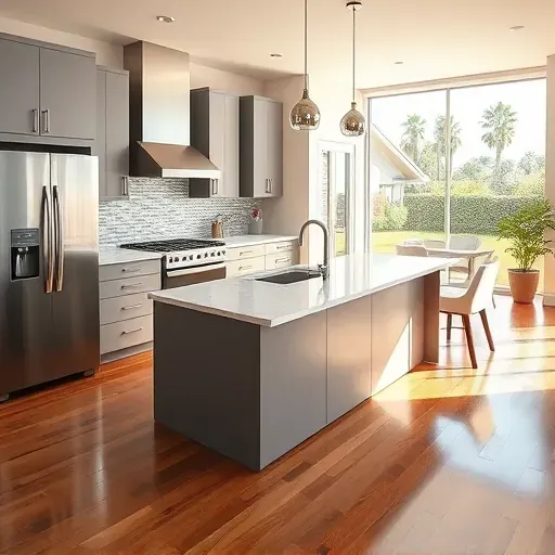 Renovated Rancho Santa Margarita kitchen with matte cabinets stainless steel appliances marble island mosaic backsplash hardwood floors and large sunny windows