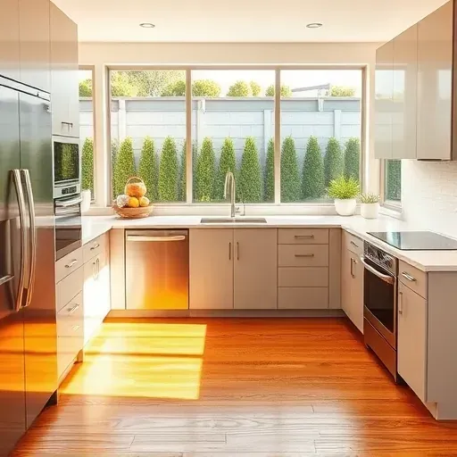 Renovated Irvine CA kitchen with matte modern cabinets, stainless appliances, quartz counter, subway tile backsplash, hardwood floors, and large windows