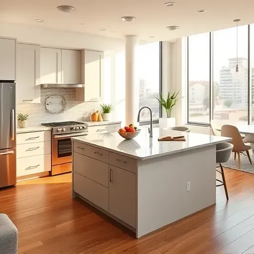 Remodeled Floral Park CA kitchen with modern matte cabinetry stainless steel appliances granite island hardwood floors bright natural light