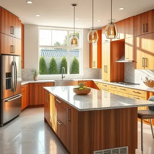 Remodeled Lake Forest California kitchen with modern wood cabinetry stainless appliances granite island lush backyard view