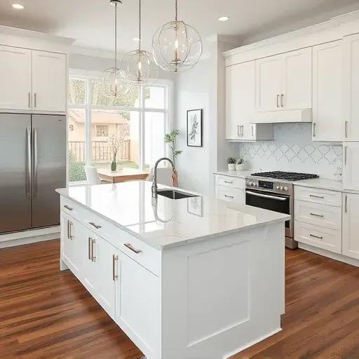 Beautiful remodeled Los Alamitos kitchen with white cabinets, marble island, pendant lighting, high-end appliances, and warm hardwood floors