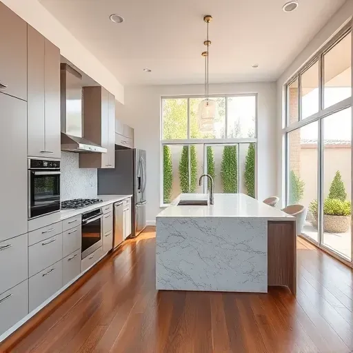 Remodeled Portola Springs CA kitchen with matte cabinetry quartz countertops stainless steel appliances large windows hardwood floor and stylish backsplash