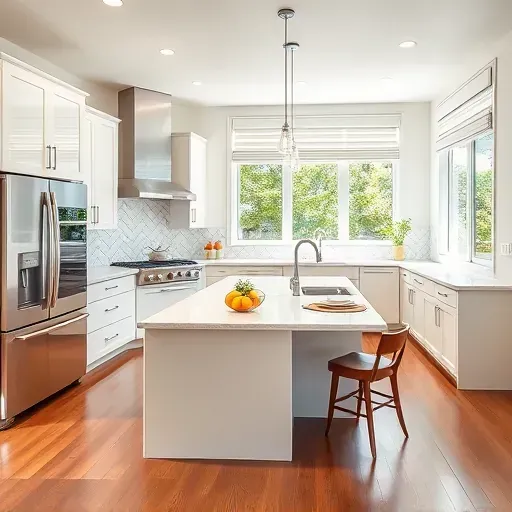 Contemporary kitchen in French Park CA with glossy cabinets, quartz countertops, large windows, and warm wood flooring.