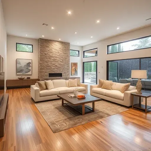 Elegant living room in Rancho Santa Margarita featuring modern design, hardwood floors, stone wall, and stylish decor