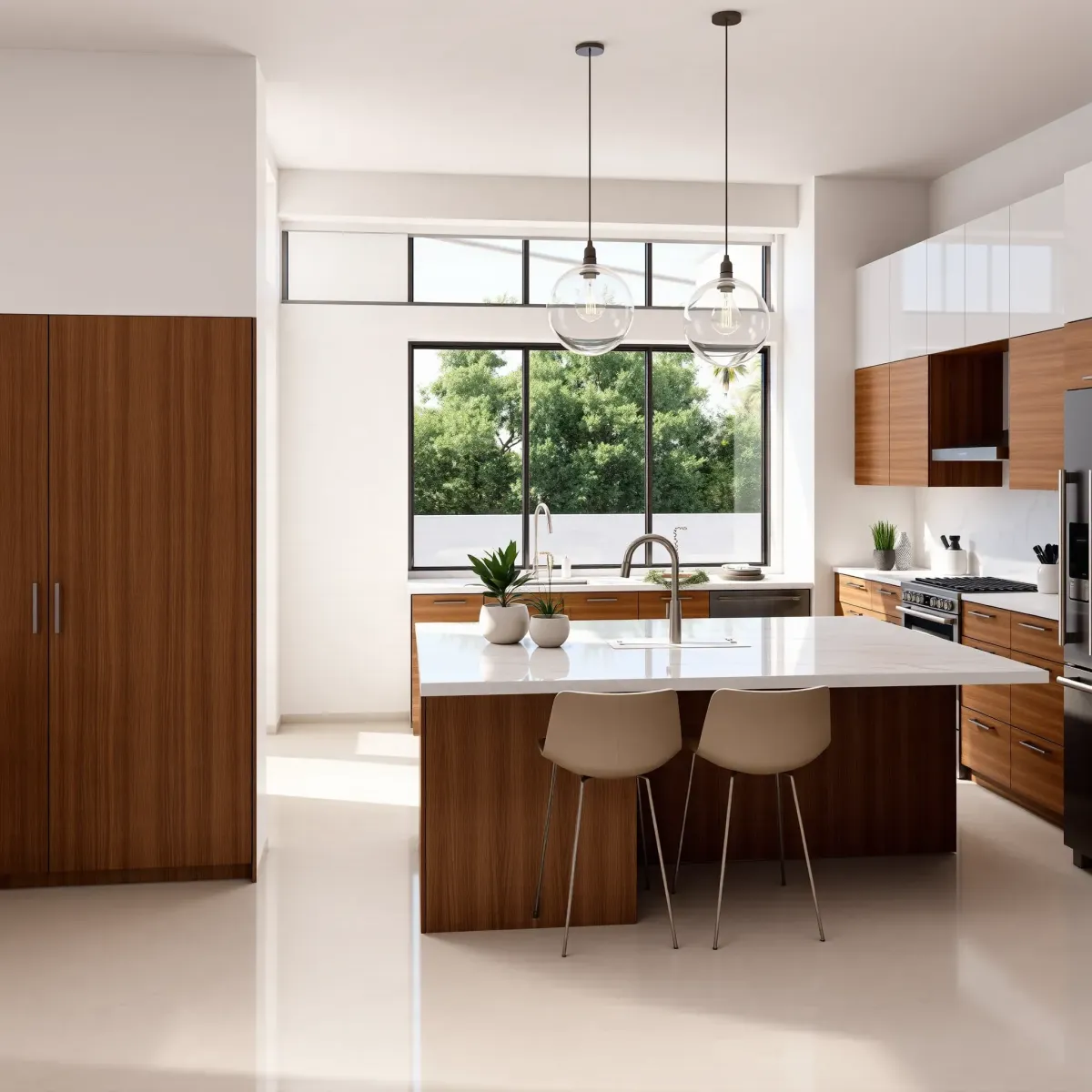 Modern Los Angeles kitchen with marble countertops, stainless steel appliances, custom matte cabinetry, and spacious, natural-lit design.