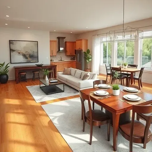 Inviting living room with open floor plan, hardwood floors, modern furnishings, and a stylish dining area in Windsor Village.