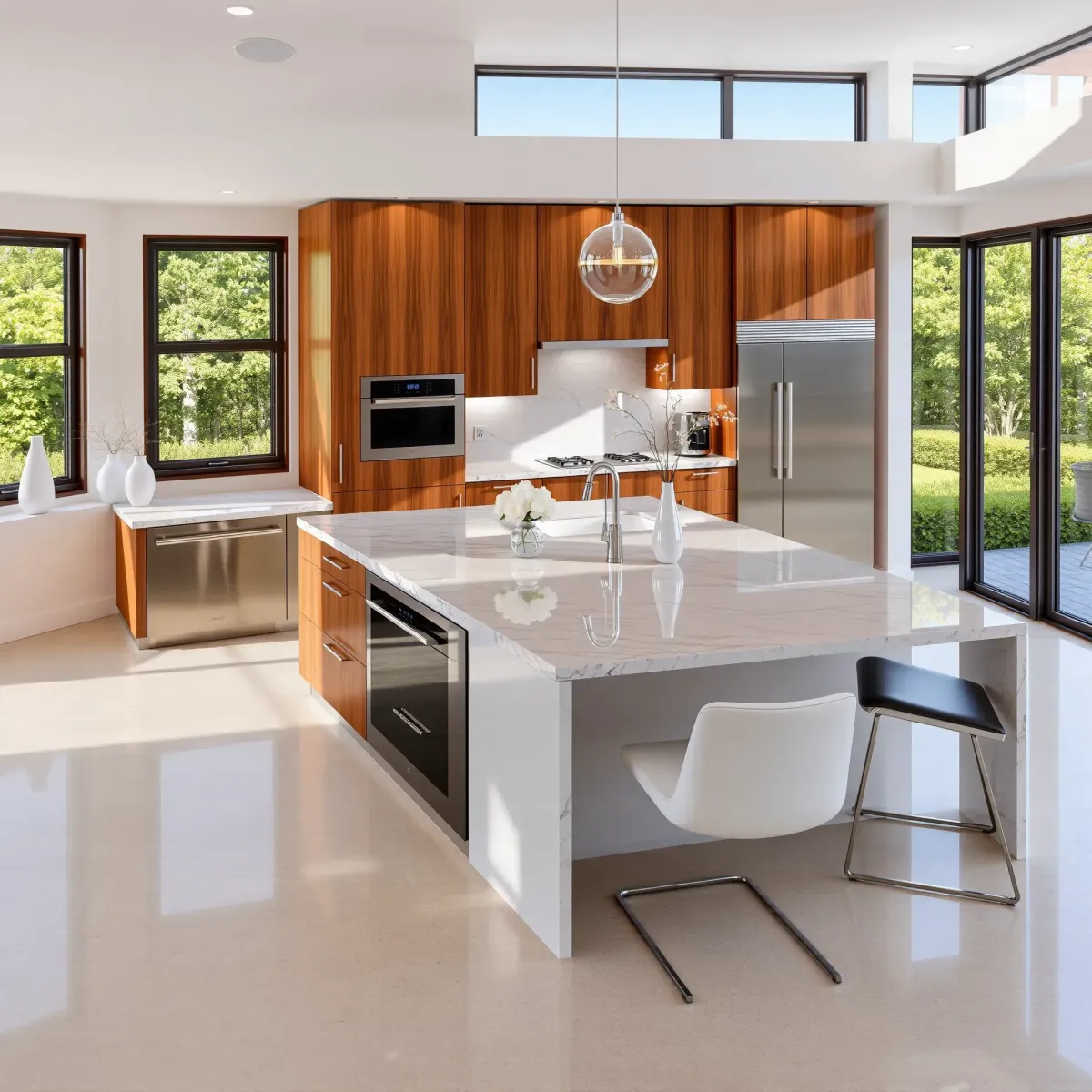 Elegant Newport Coast kitchen with modern cabinetry, marble island, quartz countertops, stainless steel appliances, and natural light.