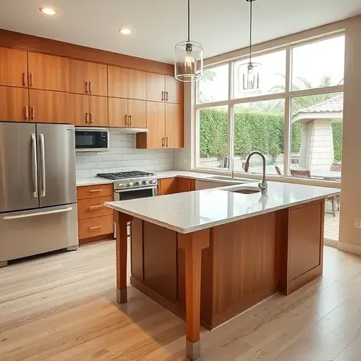 Modern kitchen remodel in Foothill Ranch showcasing wood cabinetry, granite countertops, and high-end appliances.