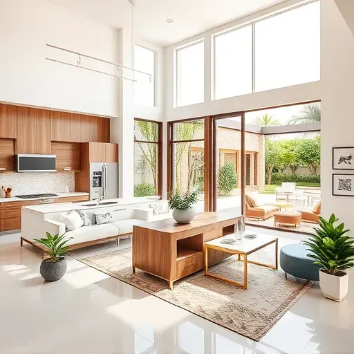 Spacious living area in Jupiter FL featuring modern furnishings, high ceilings, and a stylish kitchen with garden views.