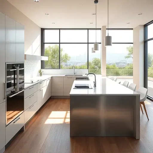 Modern kitchen remodel in Los Angeles features sleek cabinetry, spacious island, marble counters, and natural lighting.
