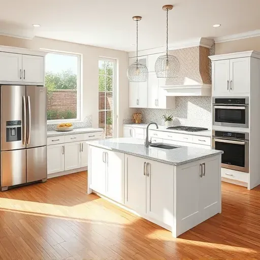 Renovated kitchen in Coto De Caza CA with white cabinetry, quartz island, large windows, and elegant backsplash details