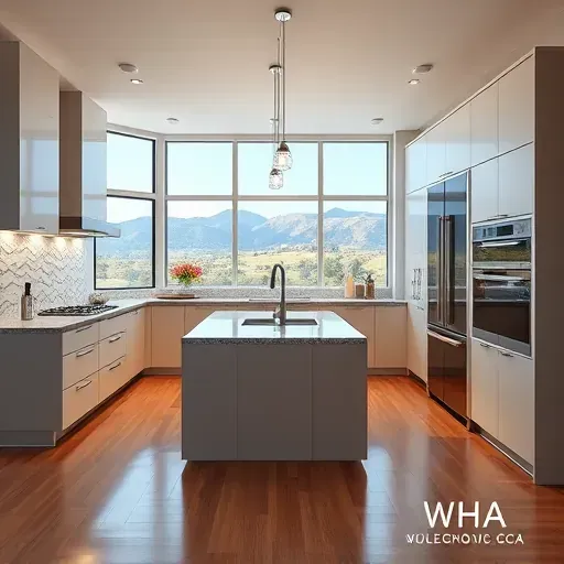 Modern remodeled kitchen in West Grove Valley CA with matte cabinets, granite island, stainless appliances, hardwood floors, and scenic windows