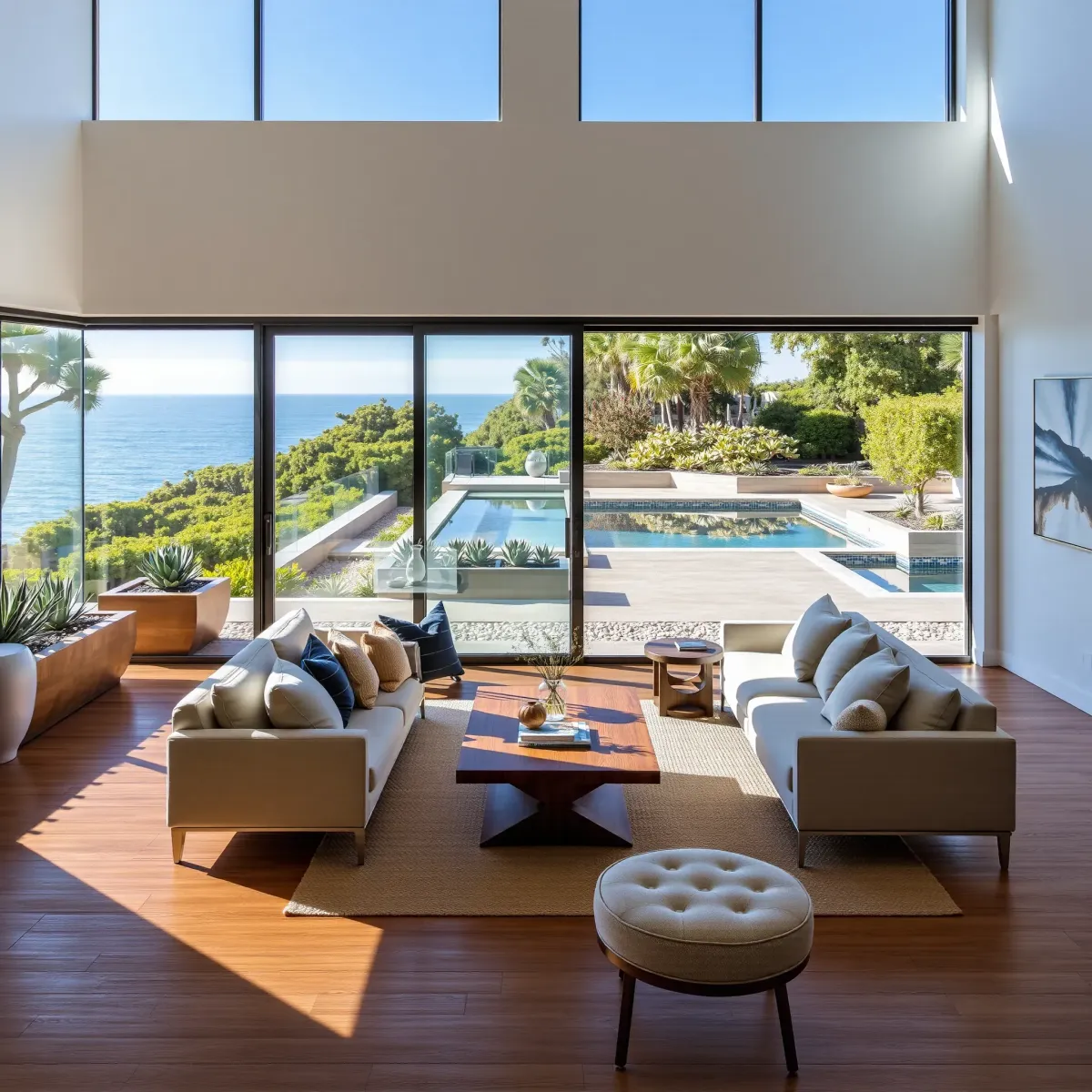 Luxurious Laguna Beach home with ocean views, modern design, outdoor pool, stylish patio, and coastal landscaping.