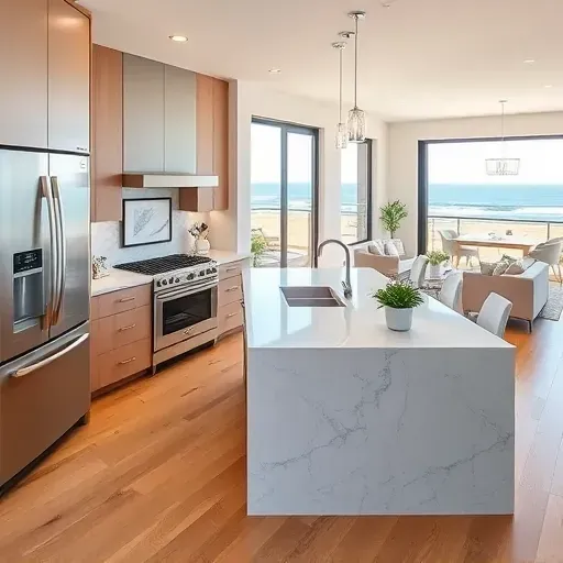 Remodeled Newport Coast kitchen with modern matte cabinetry, marble island, stainless appliances, hardwood floors, coastal views